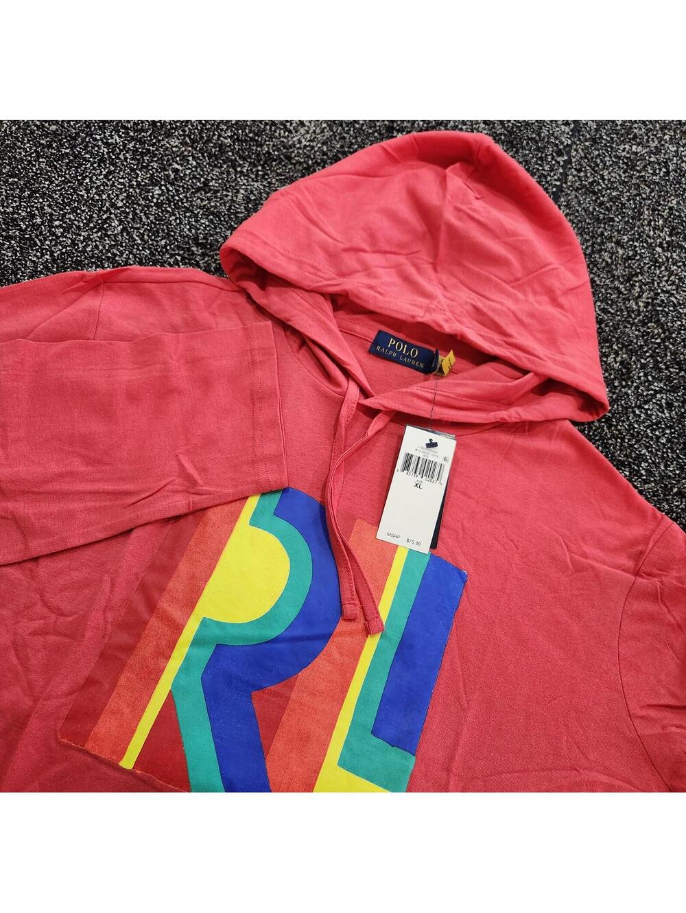 New Y2K Polo Ralph Lauren Rainbow Logo Graphic Pullover Hoodie Mens Size XL Red